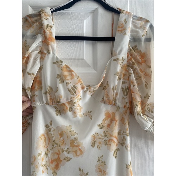 Luxxel Floral Open Back Maxi Dress Size Large Orange Cream Puff Sleeve Chiffon - Picture 2 of 7